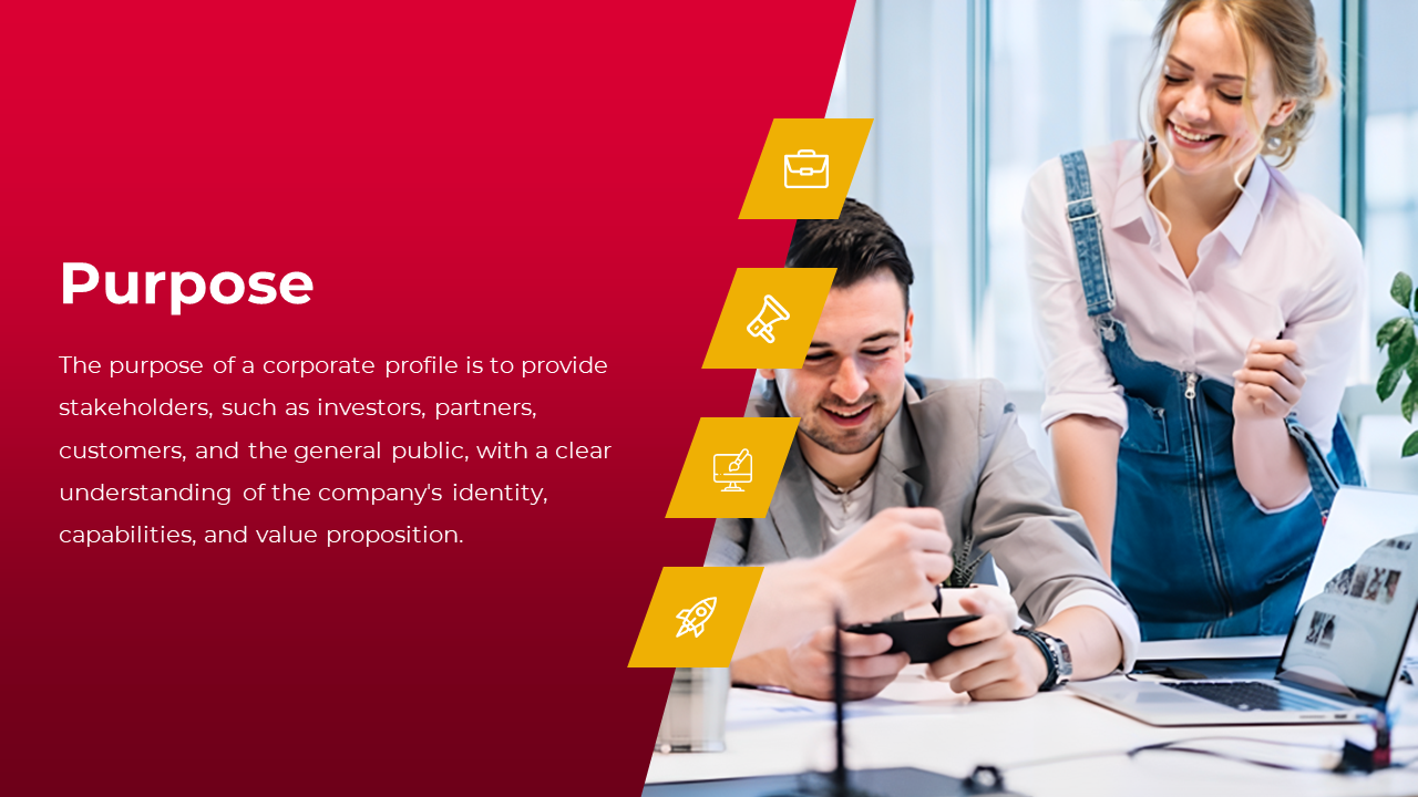 Slide with a red background and four yellow icons, depicting the purpose, with images of professionals collaborating.