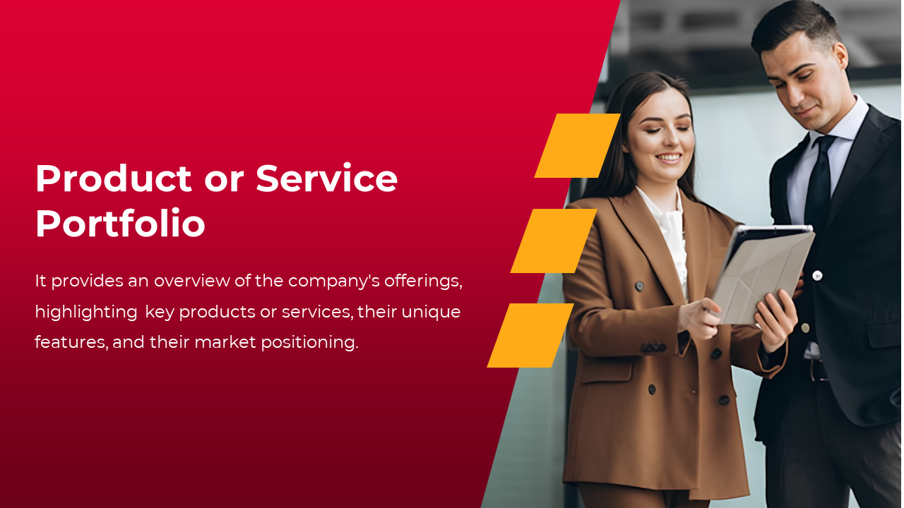 Slide with a red and yellow layout, featuring two people discussing a product and service portfolio on a tablet.