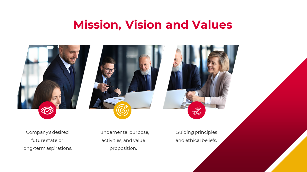Slide with a red and yellow layout, featuring professional images and icons representing mission, vision, and values.