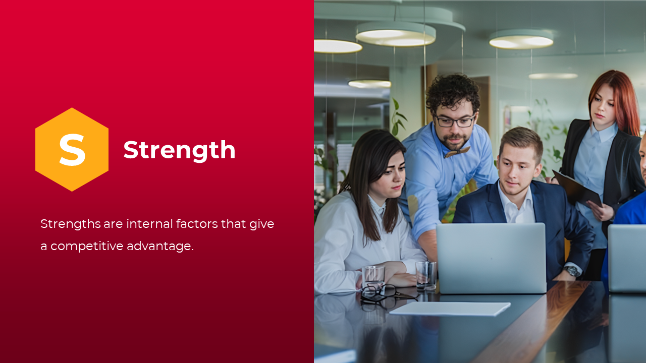 Red themed slide with a yellow strength hexagon label, showing a group of professionals around laptops in a modern office.