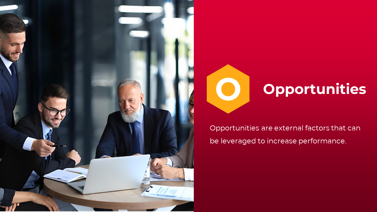 Slide with a red background, showing a team of executives discussing strategies, highlighting yellow hexagonal icon.