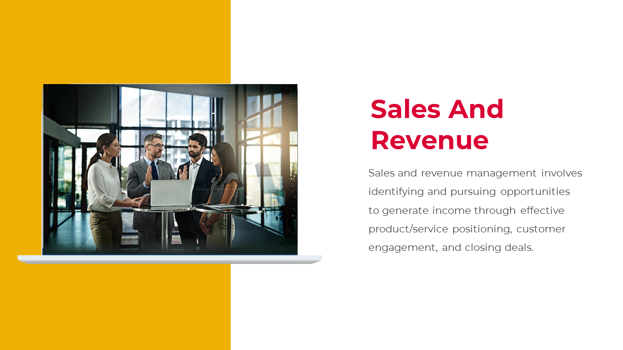 Slide with a yellow accent, and a team of people collaborating around a laptop, discussing sales and revenue management.