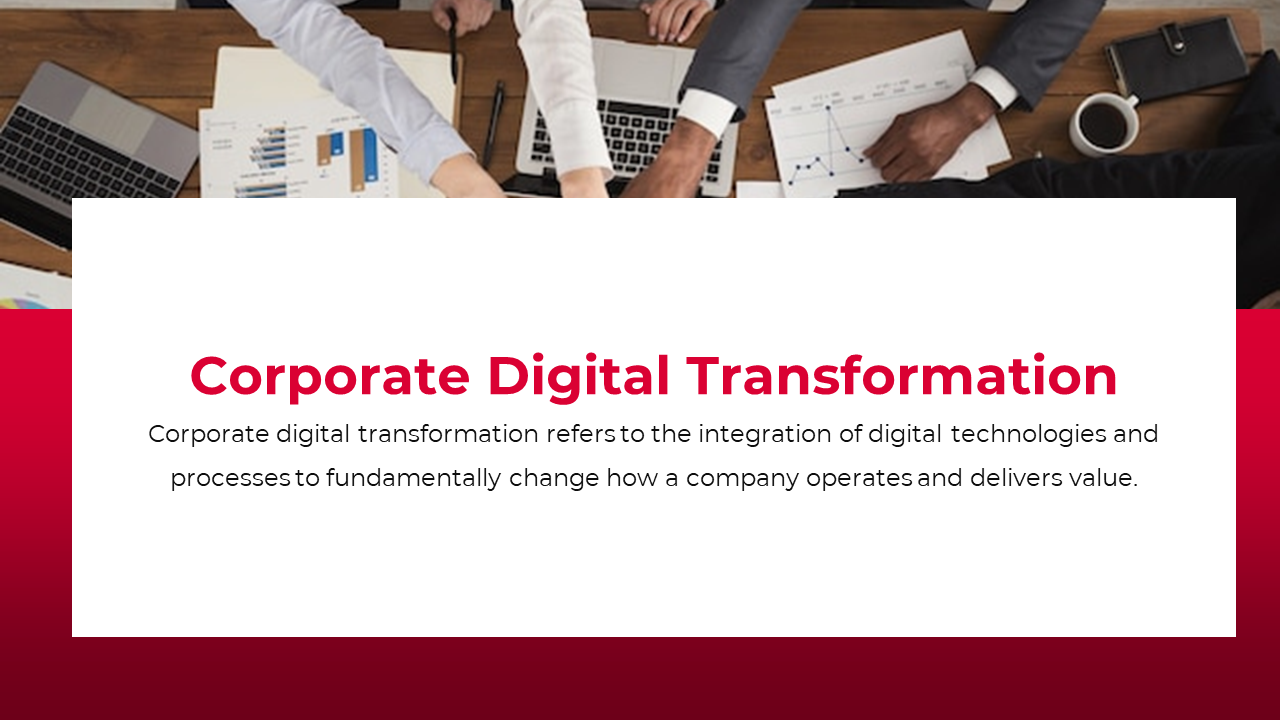 Slide with a red background, featuring a business team collaborating with laptops and a chart, with text on a white box.