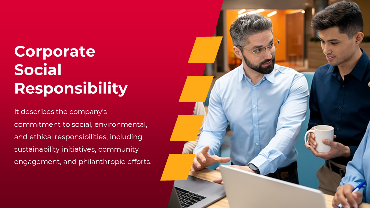 Slide featuring a red background with yellow accents, and a professional setting with people discussing over a laptop.