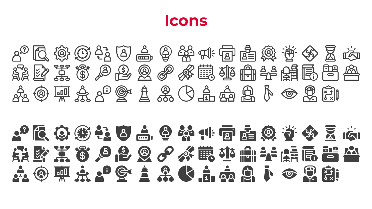 Variety of icons arranged in rows, showcasing business, teamwork, and communication, in outlined and filled styles.