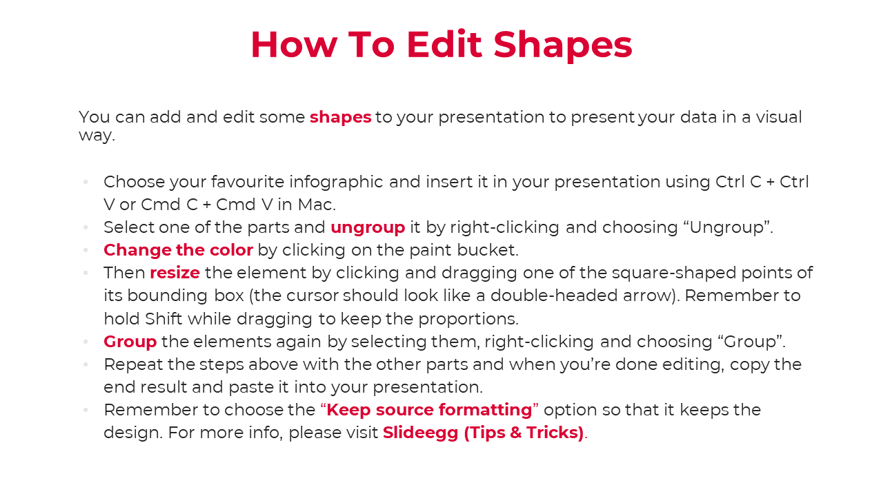 Instructional slide with detailed steps on how to customize shapes in presentations, highlighted in red text for clarity.