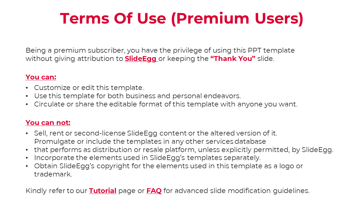 Slide with a structured layout, presenting terms of use with red headings, subheadings, and bullet points for premium users.