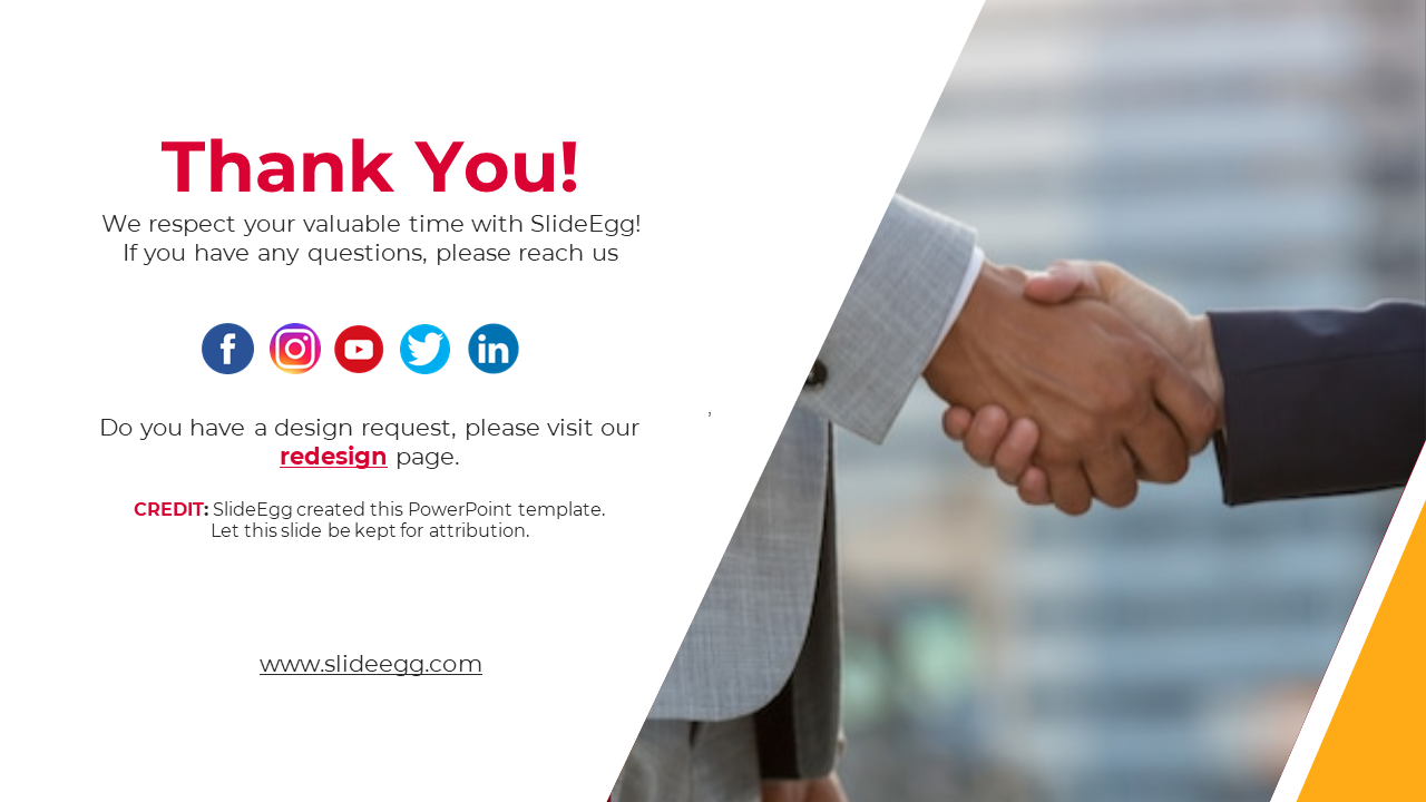 Thank you slide featuring a diagonal split design with a handshake image, with yellow accents and social media icons.
