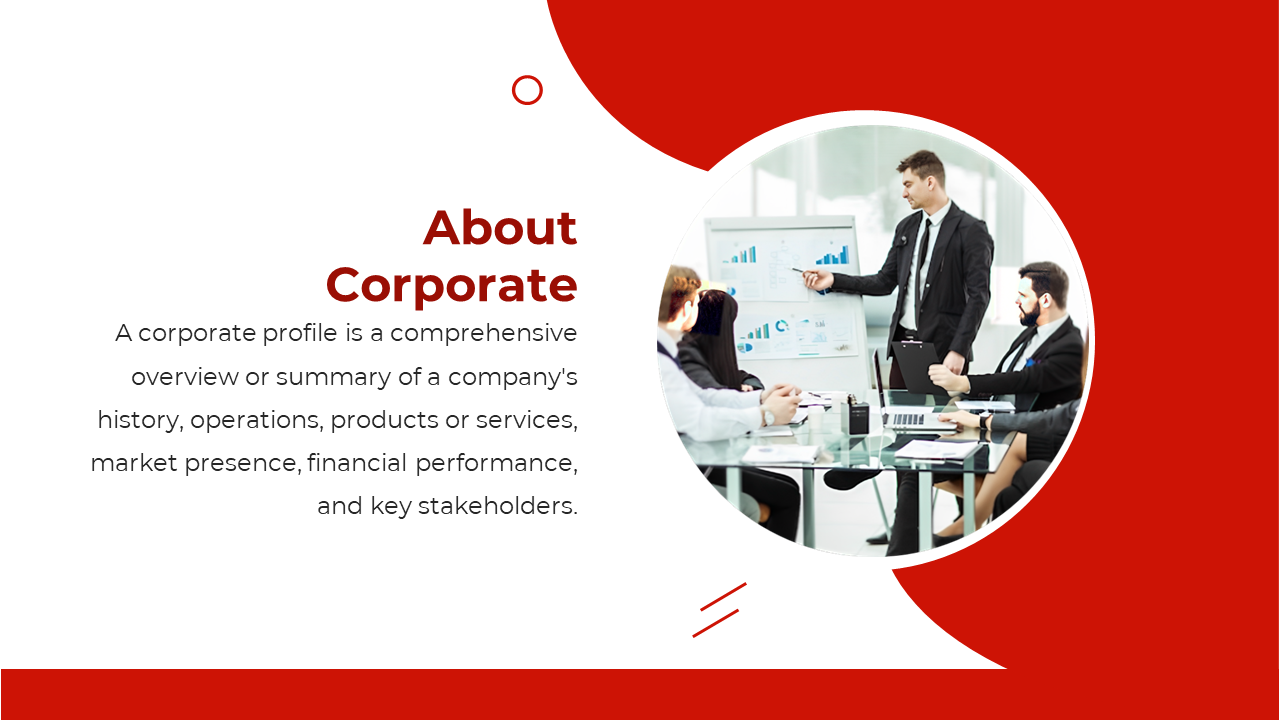 Corporate slide with a red and white design, featuring a group discussing business data with a circular image and text.
