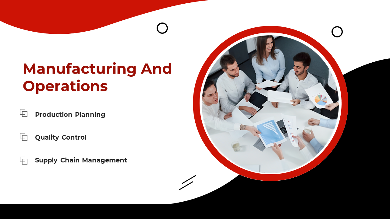 Manufacturing and operations slide with a red and black layout, and circular image of a team discussing, with icons.