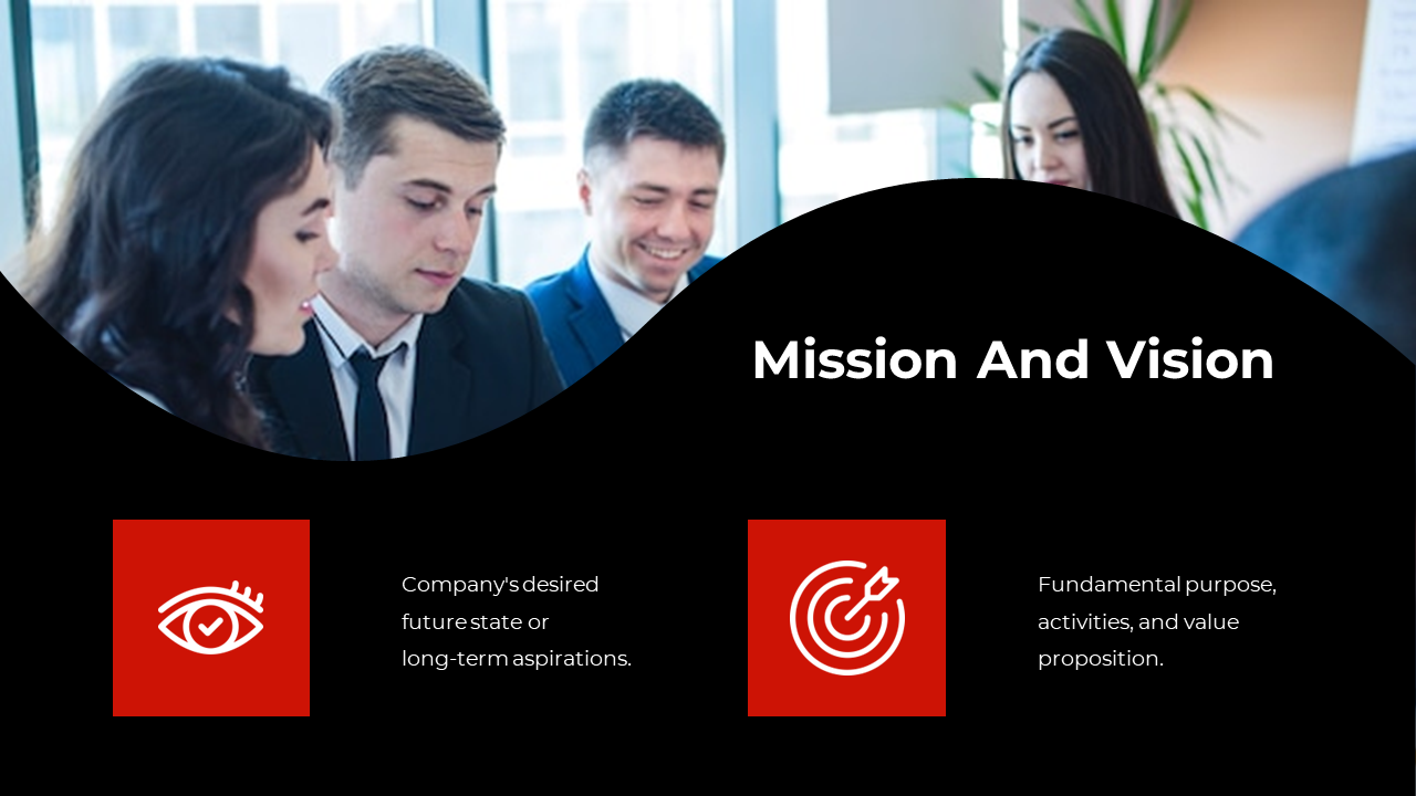 Slide with a black curved background, featuring two icons and text about mission and vision, with a team collaborating.