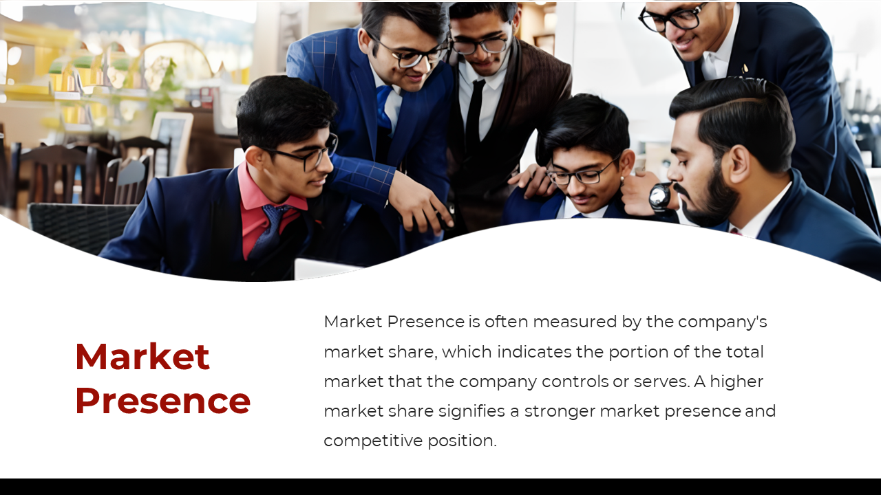 Market presence slide with a group of people in suits, surrounded by red and white tones, and a soft curved border.