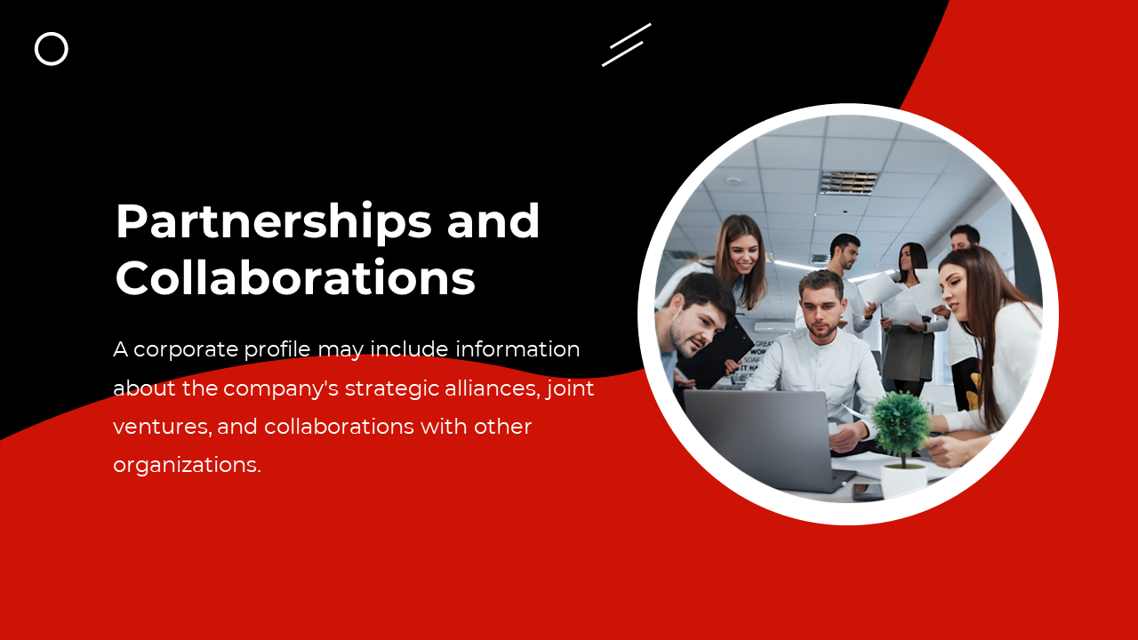 Slide with a bold black and red design, featuring a circular image of group of professionals collaborating around a laptop.