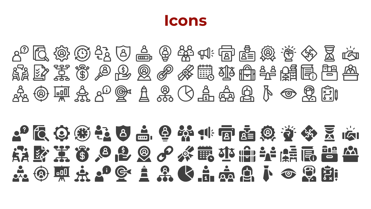 Two set of icons in outlined and filled styles, arranged in rows with monochrome designs.