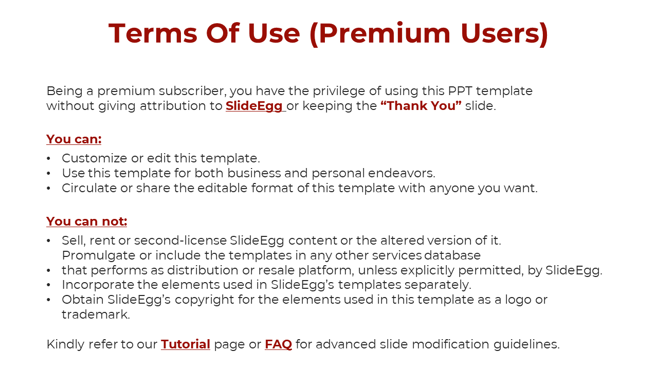 Slide detailing the terms of use for premium users, with red headers and bullet points outlining the rights and restrictions.