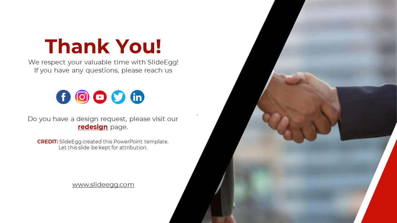 Thank you slide with a handshake photo, social media icons, and black and red diagonal design elements.