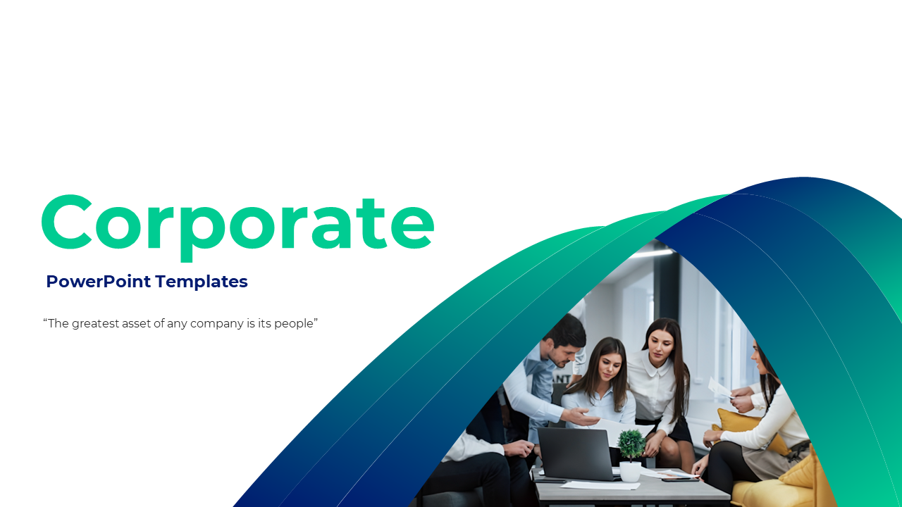 Modern corporate workspace with people collaborating around a table, featuring curved blue and green shapes.