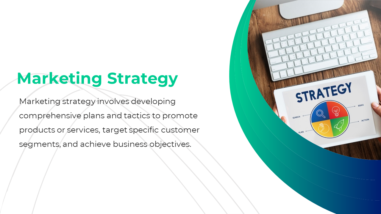 Slide with green and blue gradients, featuring a tablet displaying a colorful strategy diagram, alongside a keyboard.