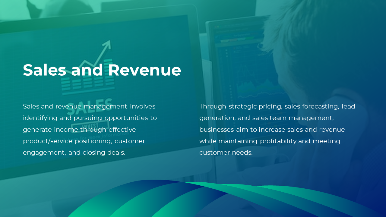 Slide with a green and blue gradient background, featuring graphs on screens and text about sales and revenue management.