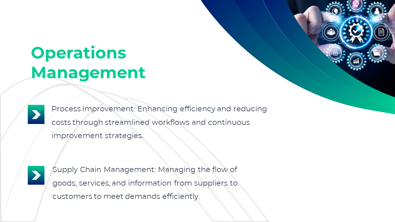 Slide with gradient green and blue shapes, featuring two icons and text describing process improvement.