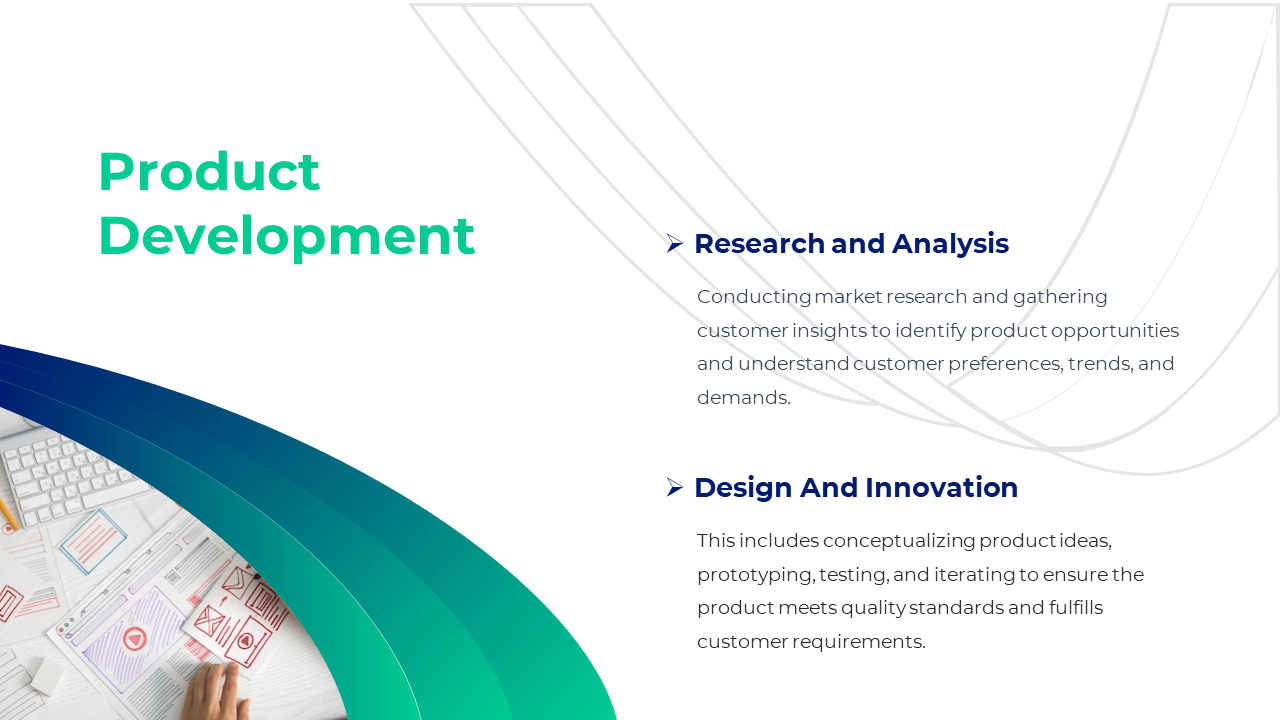 Green and blue gradient curves with an image of a desk holding design wireframes, representing product development.