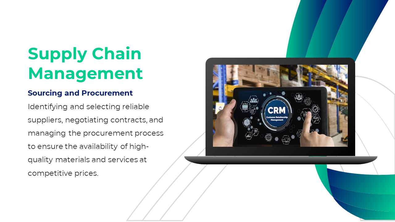 Supply chain management slide with green and blue gradient curves and an image of a person using a tablet in a warehouse.