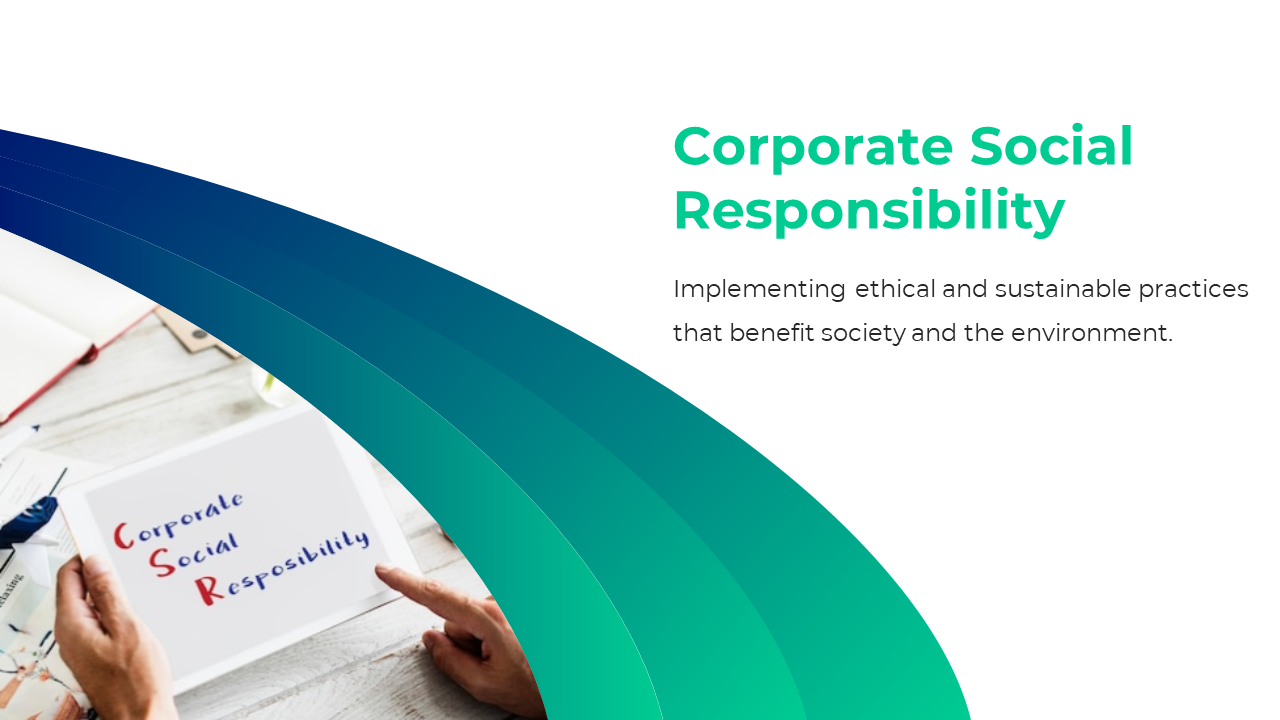 Slide featuring a gradient blue and green design with a person holding a tablet displaying colorful text.