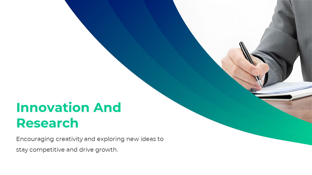 Slide featuring green and blue gradients curves with a person writing in a notebook, symbolizing innovation and research.