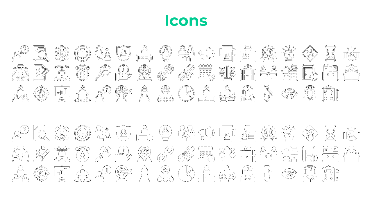 Grid of black outlined and filled icons showing business processes, teamwork, data analysis, and communication tools.