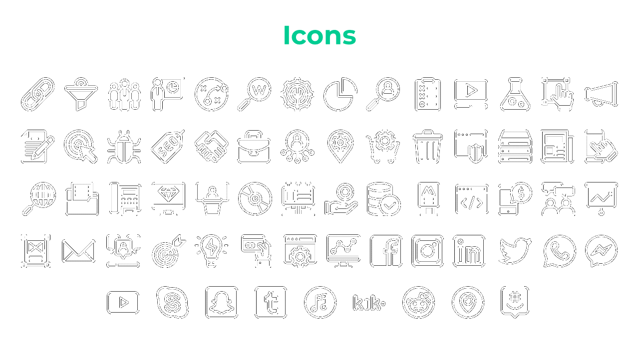 Various black line icons depicting communication tools, analytics, technology, and social media platforms arranged in rows.