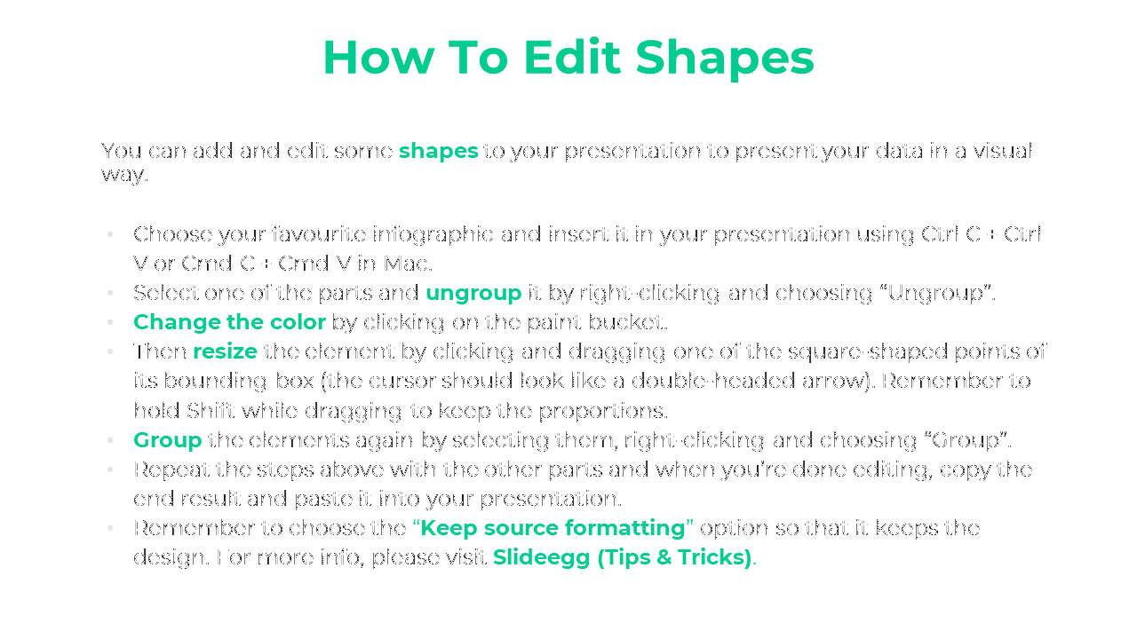 Detailed guide in green text showing how to edit shapes by ungrouping, resizing, and grouping elements in PPT.