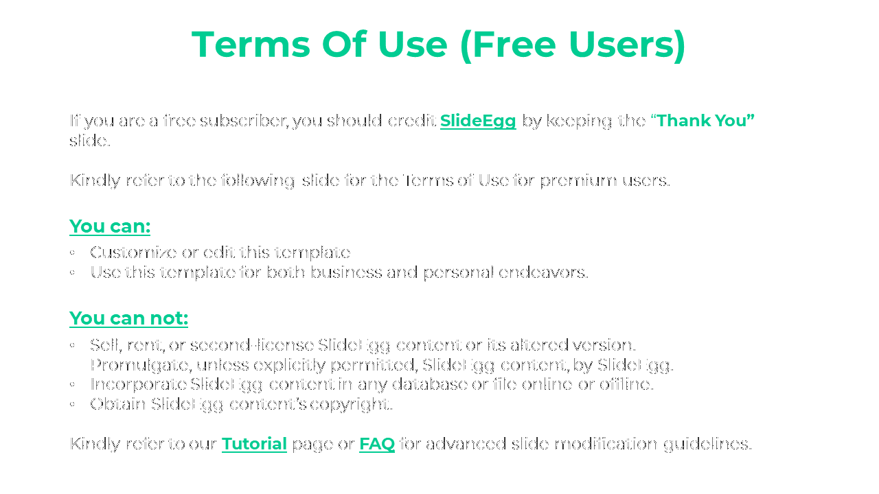 Terms of use slide for free users with green bullet points, outlining customization rights and limitations on distribution.
