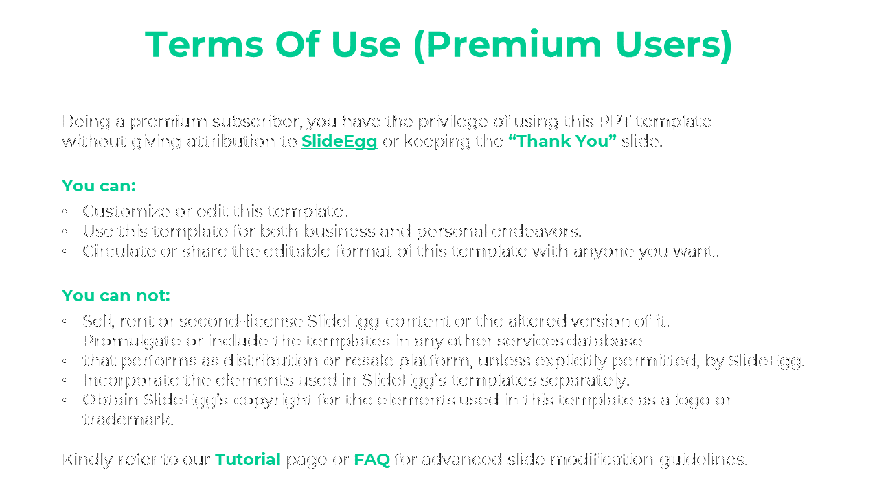 White and green layout highlighting terms for premium users with bullet points about usage rights and restrictions.