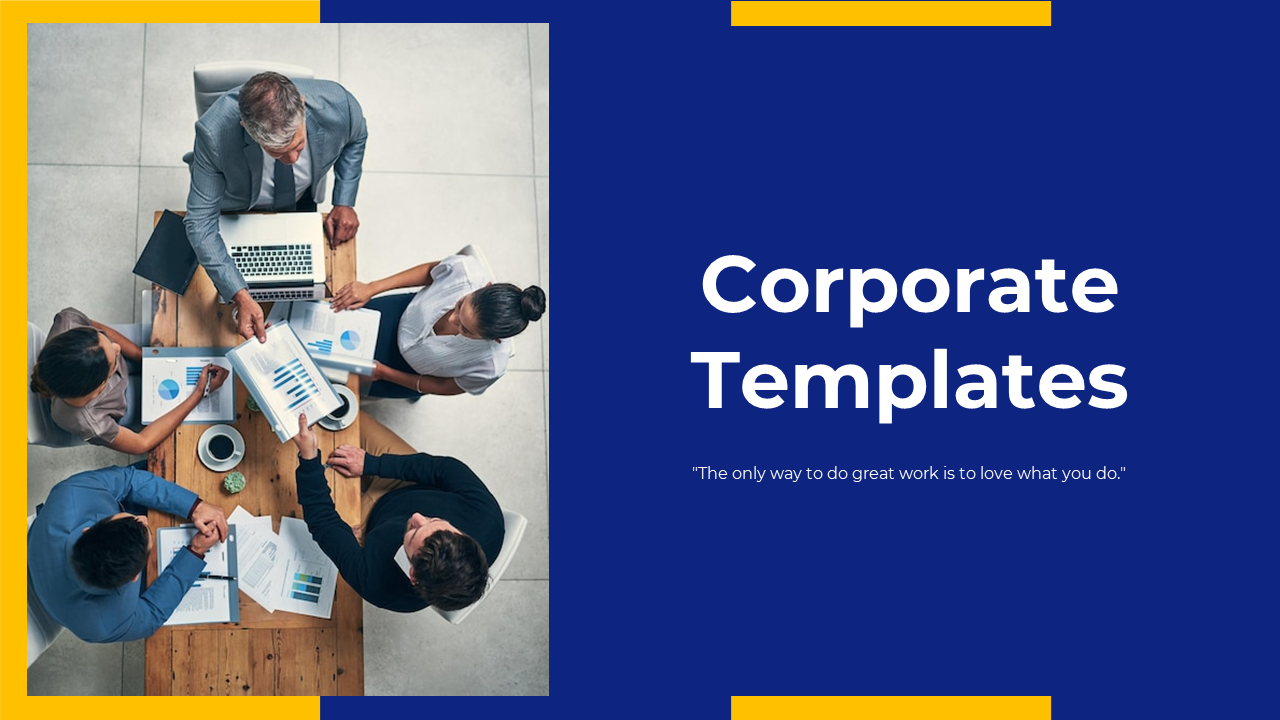Corporate slide featuring a team discussion with business charts, accompanied by a motivational quote on a blue theme.