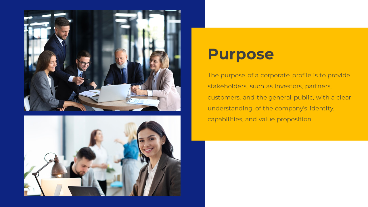 Business professionals collaborate in a meeting to discuss a corporate profiles purpose including stakeholders and customers.