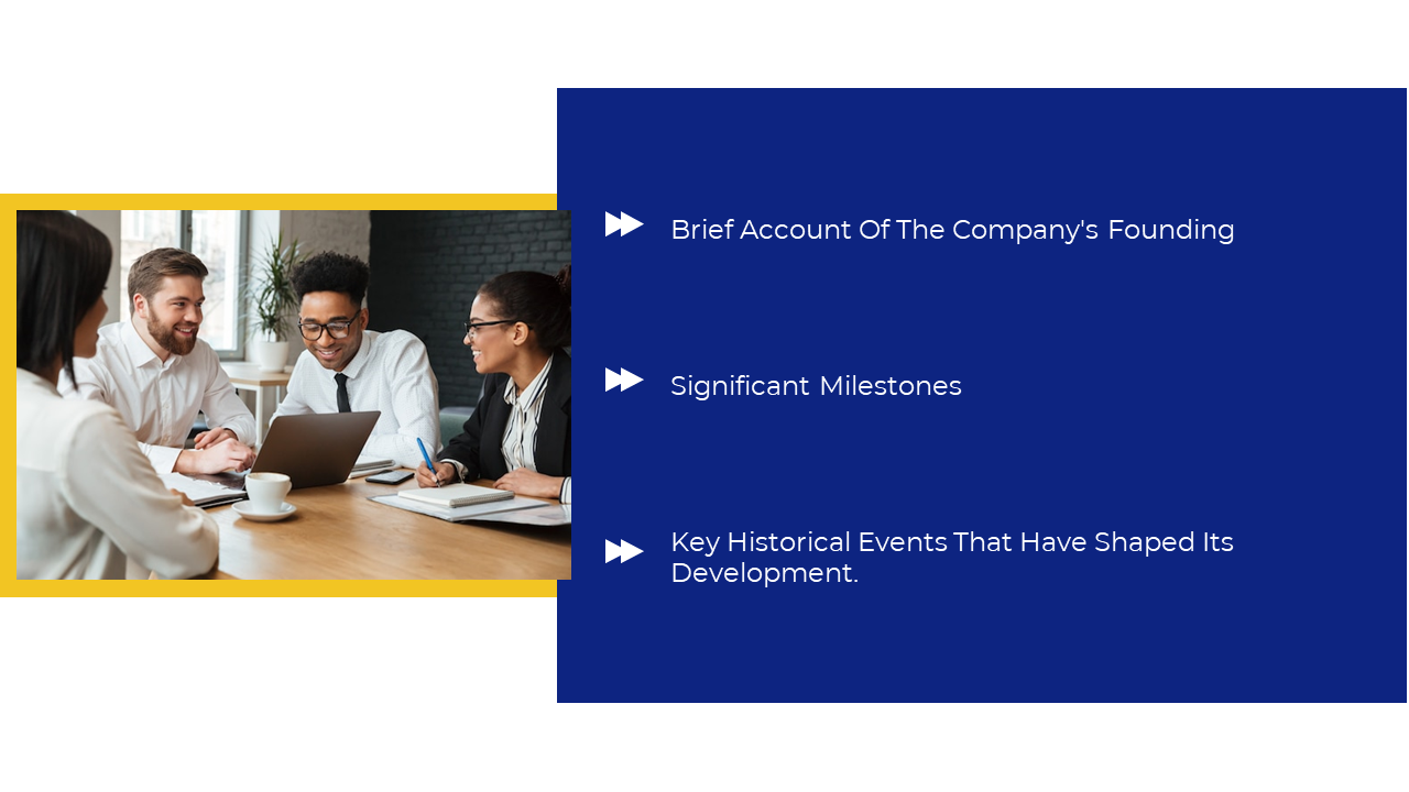 Business professionals collaborate on a corporate profile that includes key company milestones and historical events.