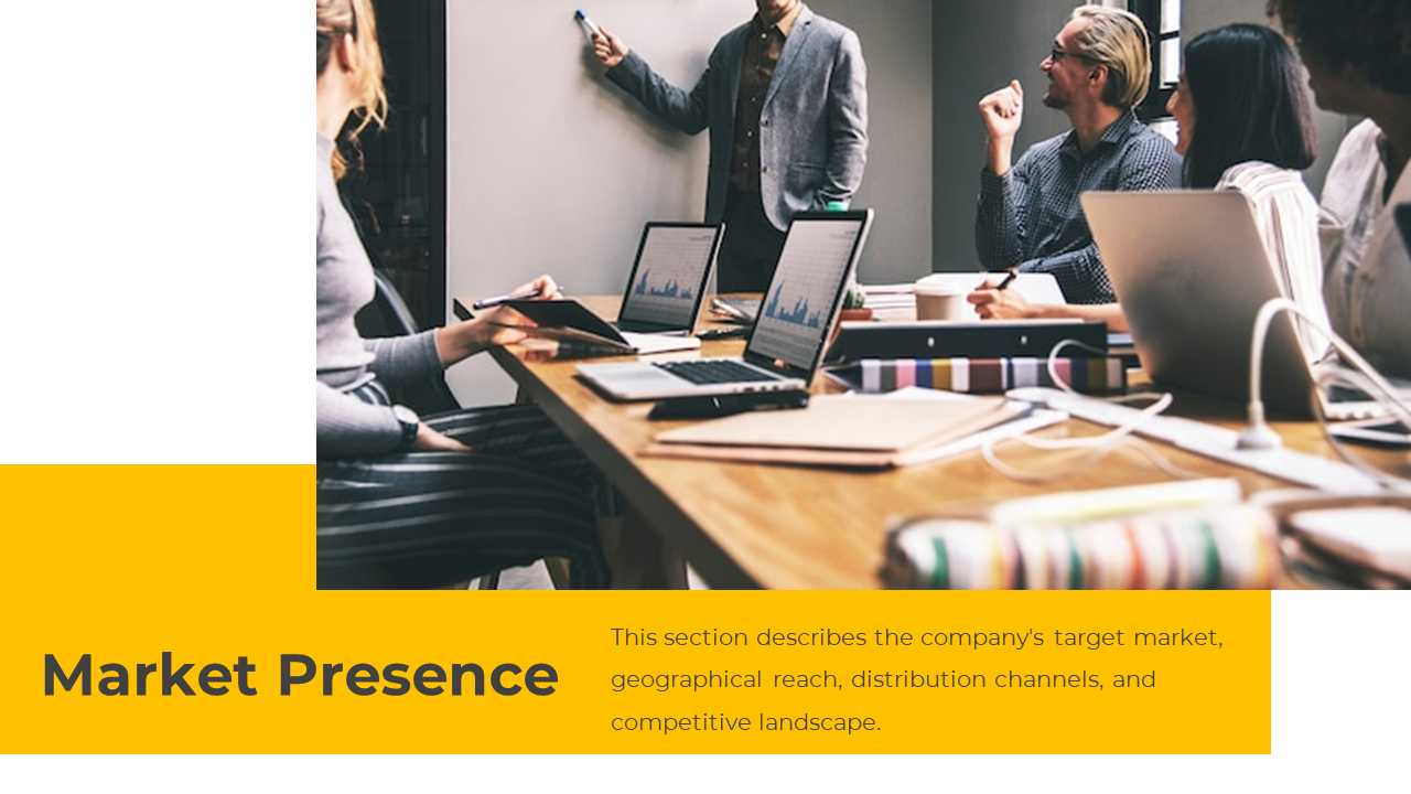 Group of professionals brainstorming about the company’s market presence and competitive landscape on a white theme.