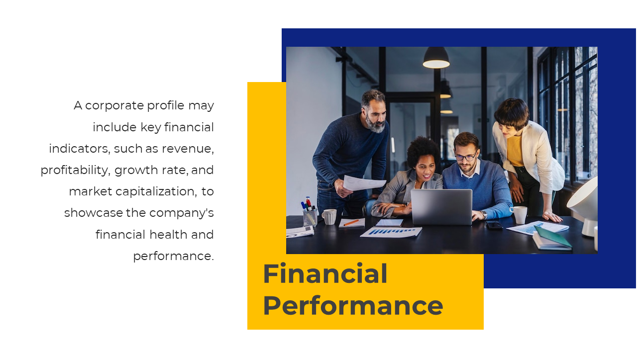 Team analyzing financial performance indicators, such as revenue, profitability, and growth rate on a yellow and blue theme.