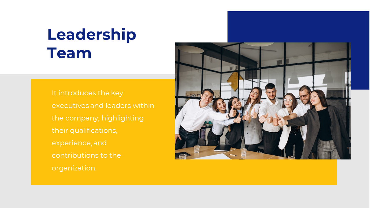 A group of executives and team leaders showing approval with thumbs up in a corporate setting on a yellow and white theme.