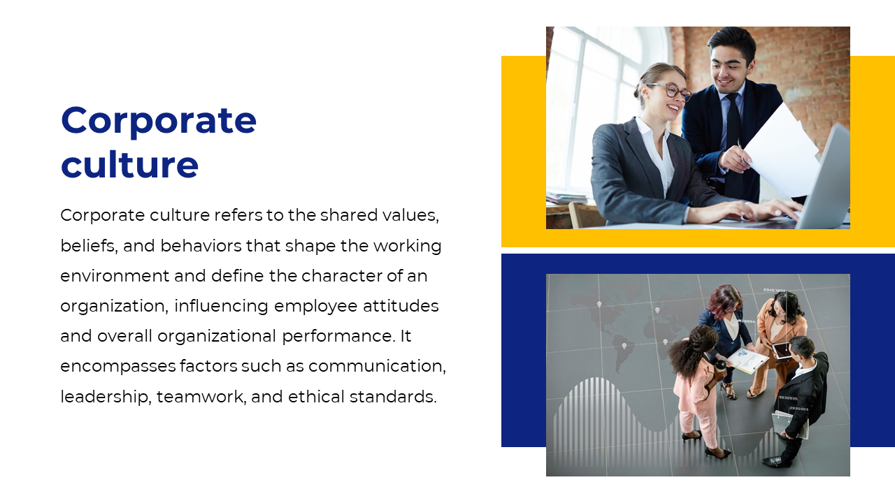 Two professionals discuss documents while another team reviews a presentation in a modern office setting on a white theme.