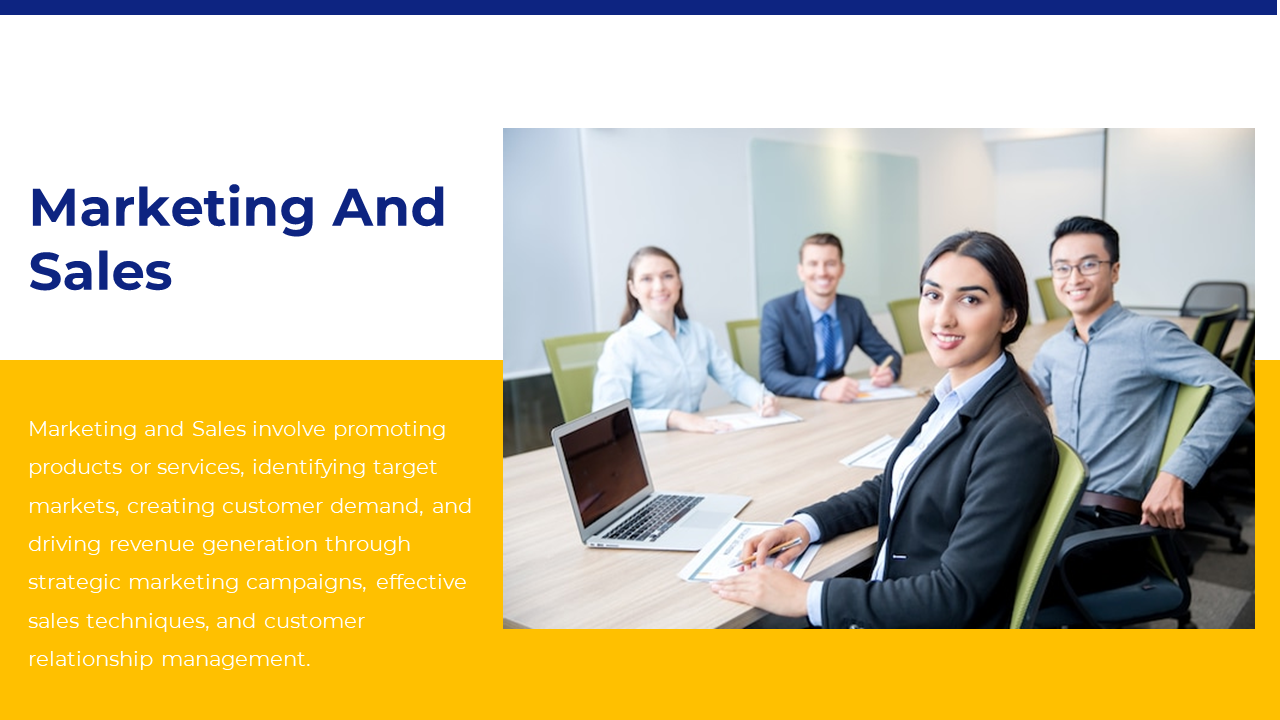 A team of marketing and sales professionals collaborating on strategies in a modern office environment on a yellow theme.