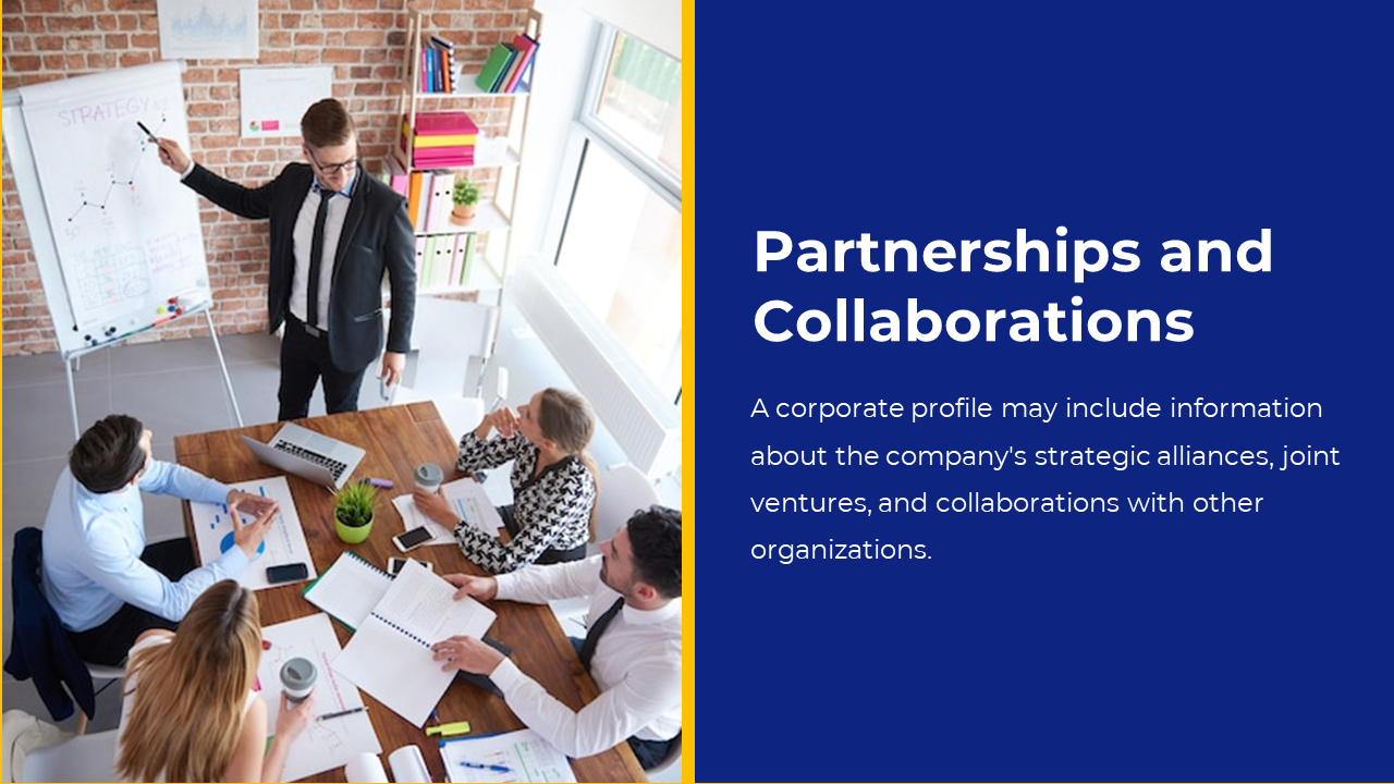 Professional team discussing strategies with one person presenting on a whiteboard in a modern office setting on blue theme.