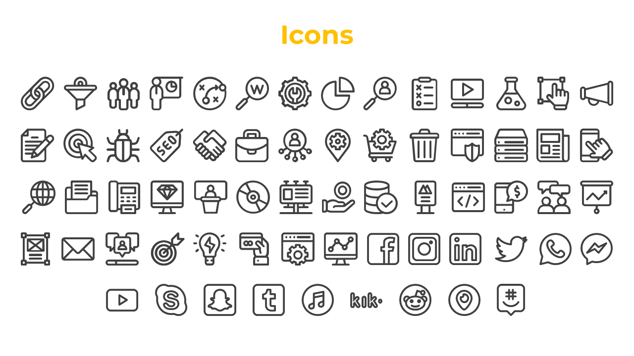Collection of simple line icons representing topics like marketing, social media, collaboration, and data management.