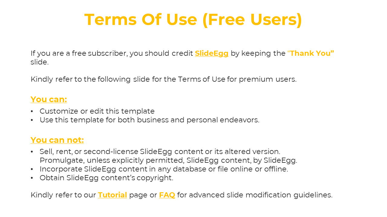 Terms of Use slide for free users detailing customization rights and restrictions on SlideEgg content usage on a white theme.