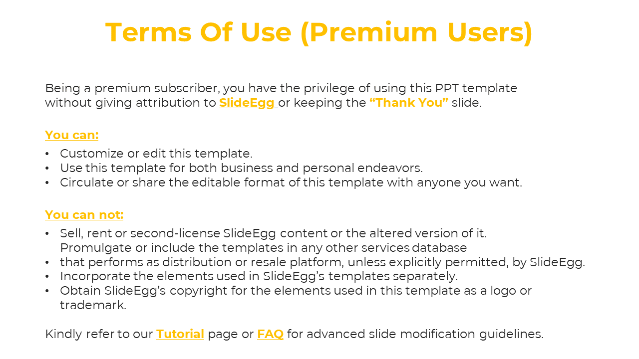 Terms of Use for premium users of SlideEgg, outlining customization rights and restrictions on template distribution.