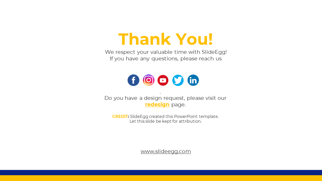 Thank you slide with social media icons and contact information, including a link to the redesign page on a white theme.