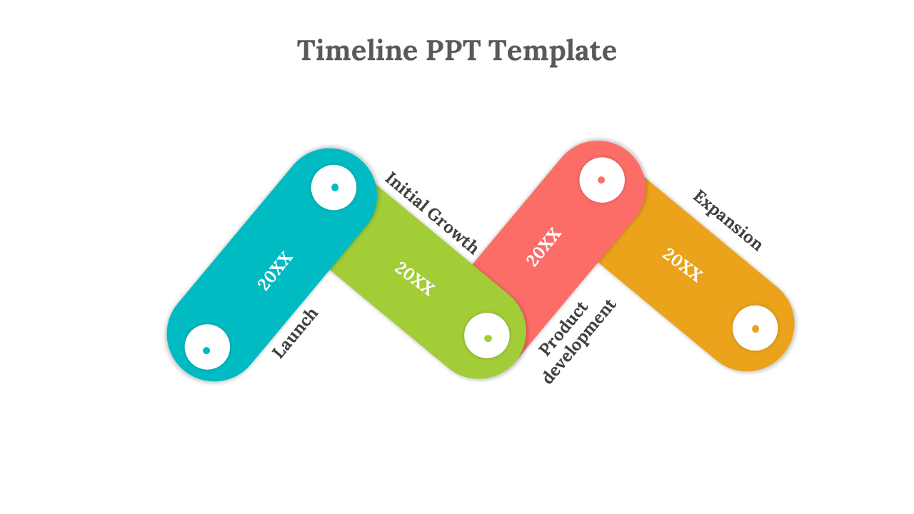 Zigzag timeline with rounded capsules in teal, green, orange, and yellow, each containing a year and circle on both ends.