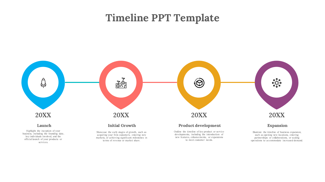Horizontal timeline with four colored map pin shapes in blue, red, yellow, and purple connected by a thin line.