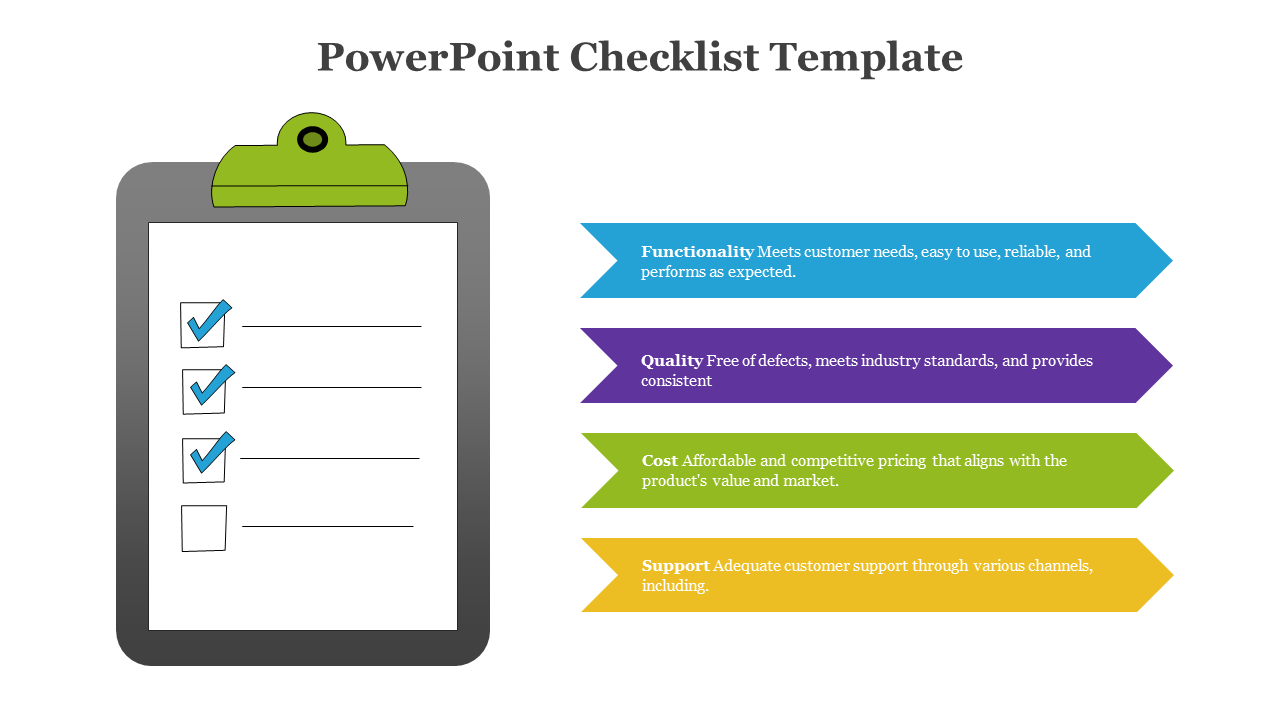 Checklist template with blue, purple, green, and yellow arrows representing functionality, quality, cost, and support.