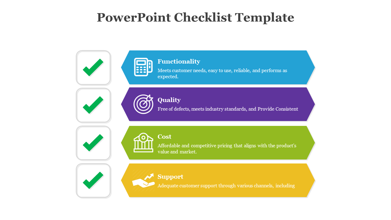 Checklist slide with four green checkmarks next to functionality, quality, cost, and support with color coded sections.